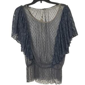 Gimmicks Gray Mesh Dark Romantic Whimsigoth Sheer Lace Flutter Sleeve Top M NWT